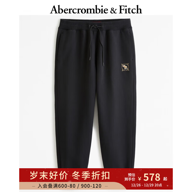 Abercrombie & Fitch 男装 美式小麋鹿抓绒新年束脚运动卫裤 355455-1 黑色 XL (180/98A)