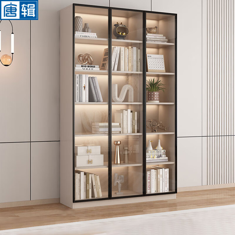 唐辑轻奢玻璃门书柜自由组合书架落地客厅展示柜储物柜三门1.2米长