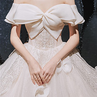 法蒂雅 一字肩主婚纱2023新娘小个子星空气质仙简约森系大气公主风 浅香槟色1.2米拖尾 M