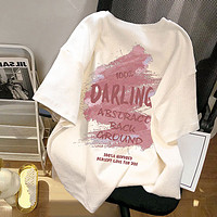 莫代尔T恤短袖女装男女同款小众高级宽松ins美式复古白色上衣 L（125斤以下） 粉色涂鸦