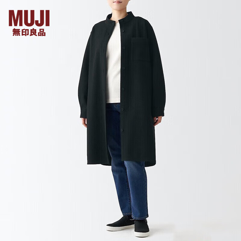  無印良品 無印良品 MUJI女式 起毛 弹力 立领束腰长上衣 长款外套 BCJ30C2A 黑色 M