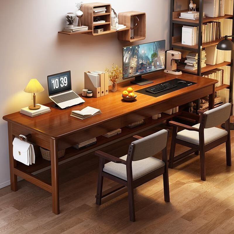 自然元素 实木书桌家用双人办公桌书房写字桌书法桌卧室电脑桌子 白色-单桌子-带抽屉 长160*宽60*高75CM