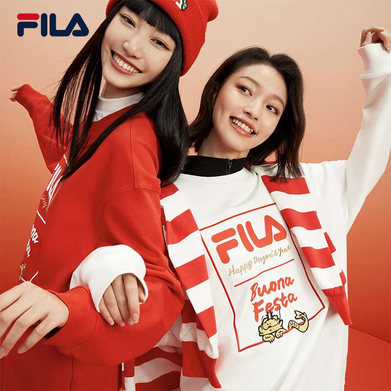 FILA 斐乐 新年款套头卫衣男女装2024春龘龘龙上衣 云菇白-WT 170/92A/M