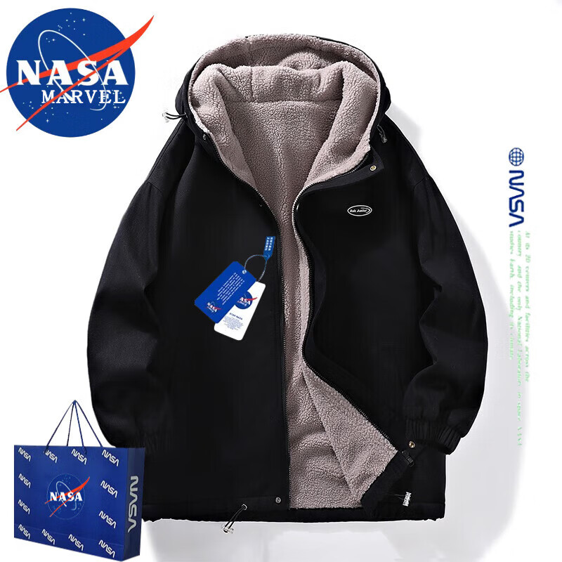 NASA MARVEL棉衣男棉服男冬季外套面包服羊羔绒连帽潮牌加绒加厚百搭装 黑色 L-（100斤-120斤）