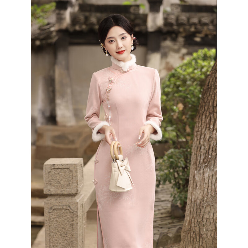 杜艳枝 加毛加厚复合超柔雪花绒侧八扣长款旗袍日常款旗袍 粉色 L 105-115
