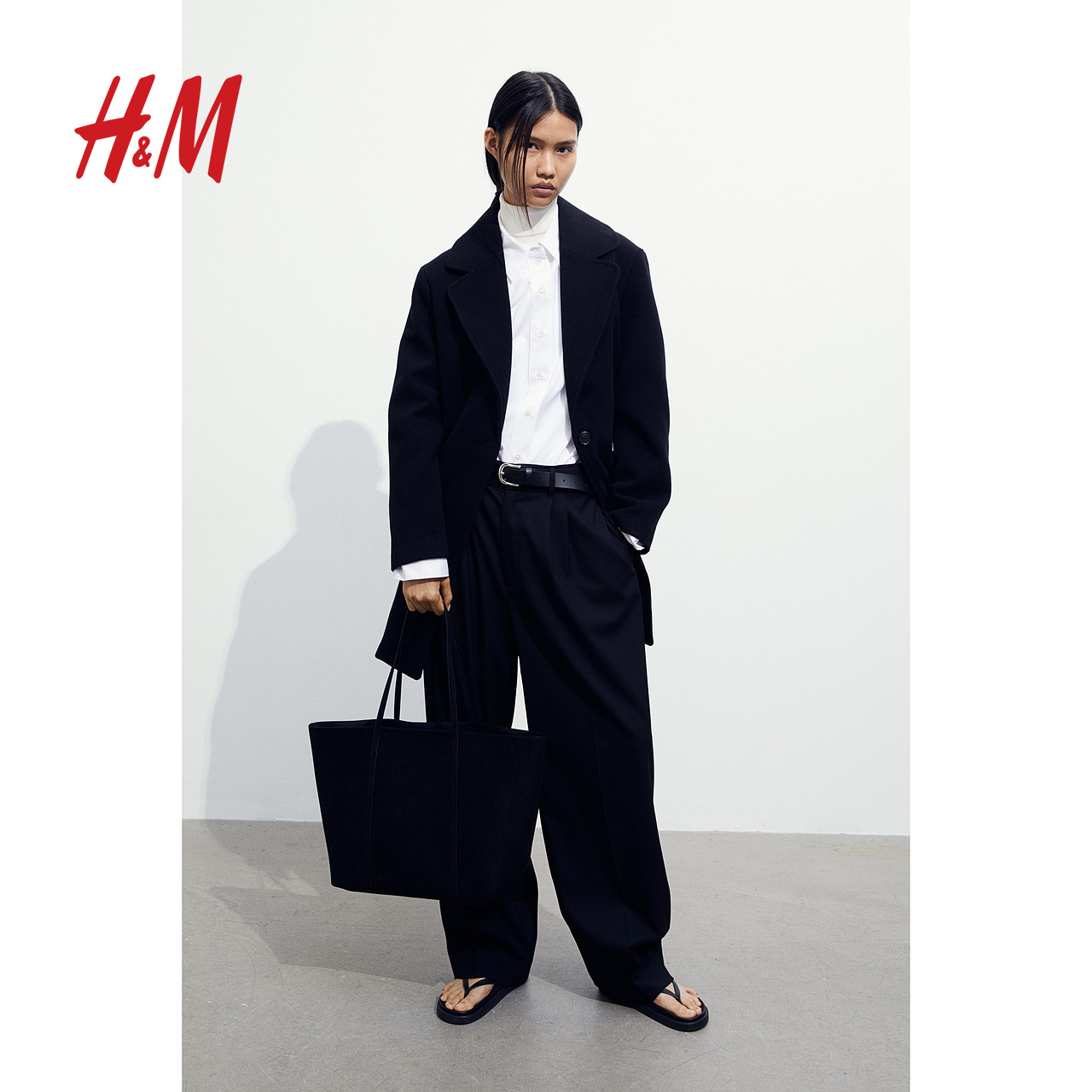 H&M HM女装毛呢外套保暖时尚休闲通勤斜纹布大衣1170806