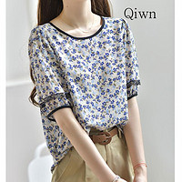 QIWN 香港潮牌复古碎花衬衫女夏季短袖年印花上衣设计感减龄百搭 蓝花色 XL