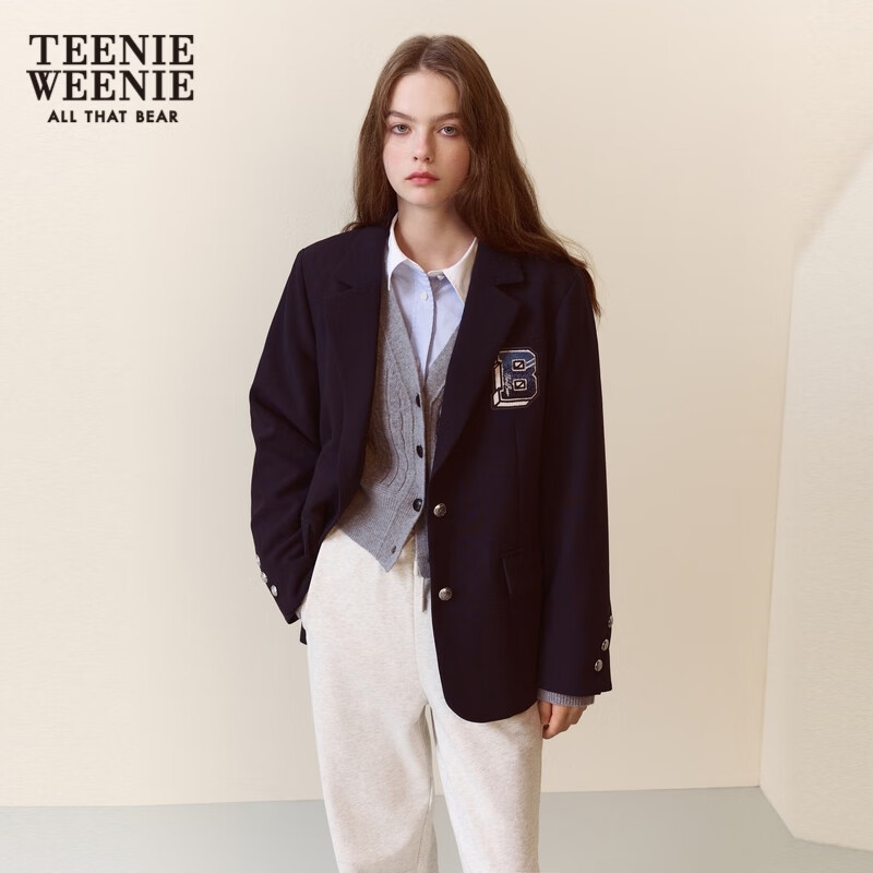 Teenie Weenie小熊秋冬时髦两件套西服外套气质职场通勤 藏青色 165/M