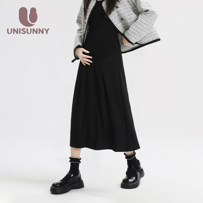 unisunny装冬款小个子孕妈时尚托腹裙子孕中晚期不显怀半身裙 黑色 L