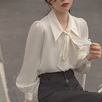 初申 长袖衬衫女气质翻领蝴蝶结设计通勤休闲白衬衣上衣S13KC2990 L