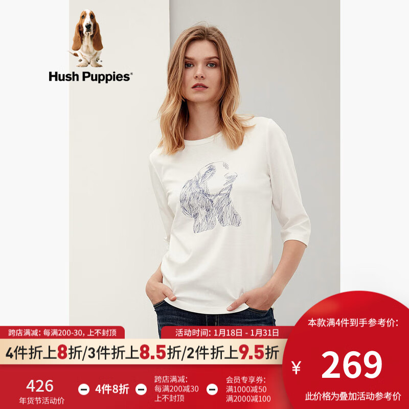 Hush Puppies暇步士女装秋季纯棉印花五分袖T恤女 白色1-019 M
