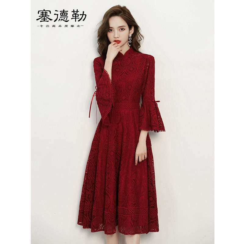 塞德勒敬酒服新娘平时可穿酒红色结婚回门便装订婚连衣裙旗袍晚礼服裙女 酒红色 L(105-115斤)