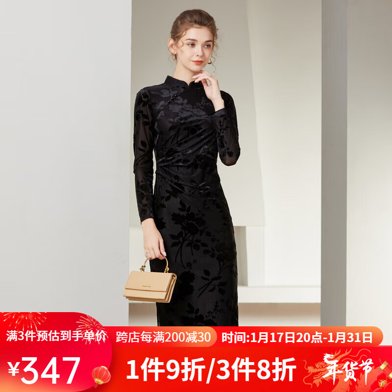 經典故事（JANE STORY）高端丝绒旗袍女秋季2023复古民国气质修身新中式旗袍连衣裙 黑色 M