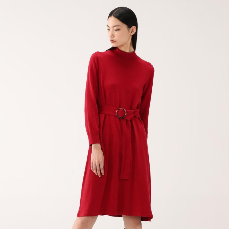 全棉时代 秋冬女士棉线连衣裙 半高领收腰红色中长裙 修身打底百搭
