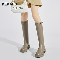 KEKAFU 珂卡芙 厚底中筒靴女2023年新款后拉链长靴不过膝长筒靴粗跟骑士靴