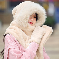 型公馆 可爱小熊帽子秋冬季女加厚保暖围巾一体连帽围脖手套三件套针织帽