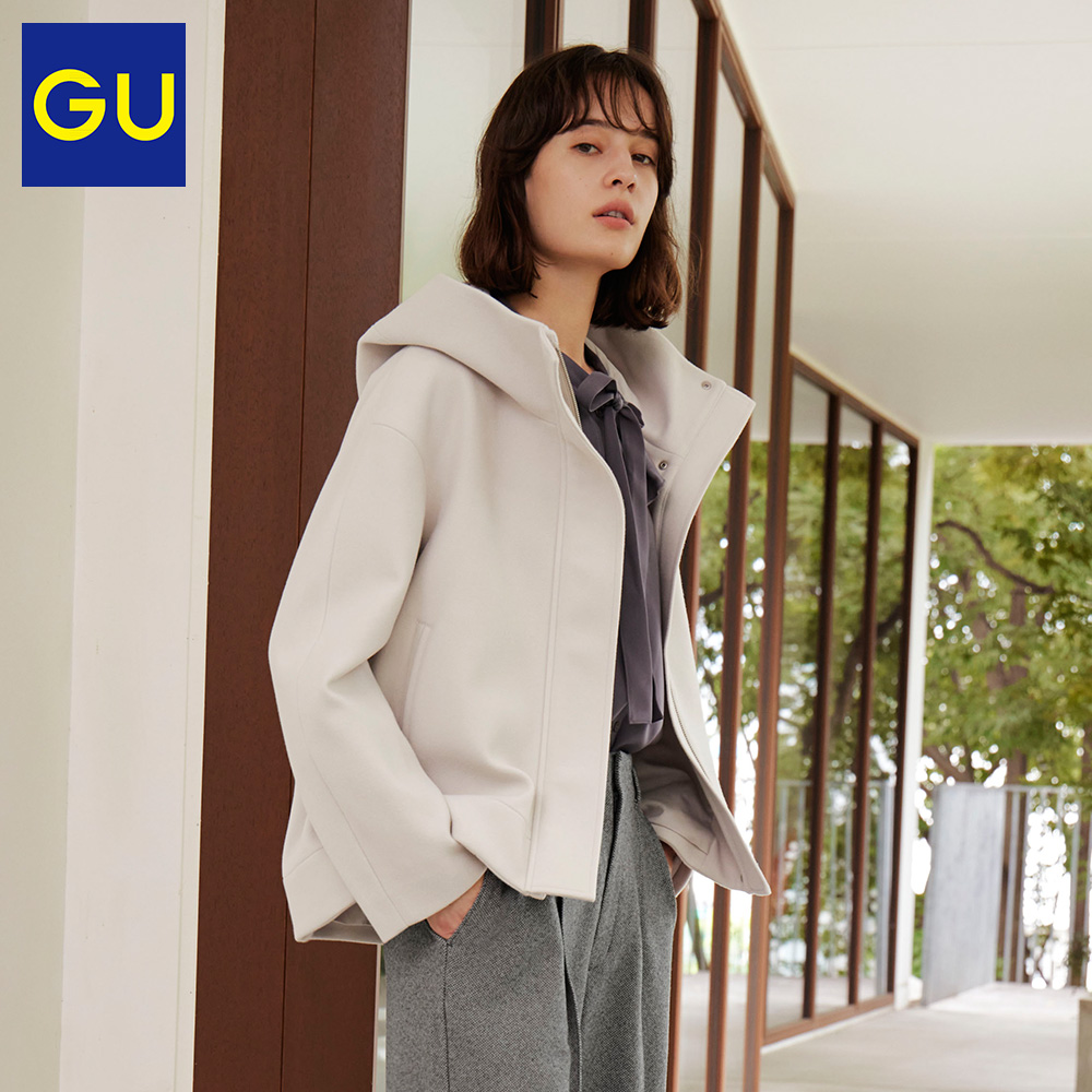 GU 极优 女装麦尔登呢短款连帽大衣冬天外套呢子大衣外套女347804
