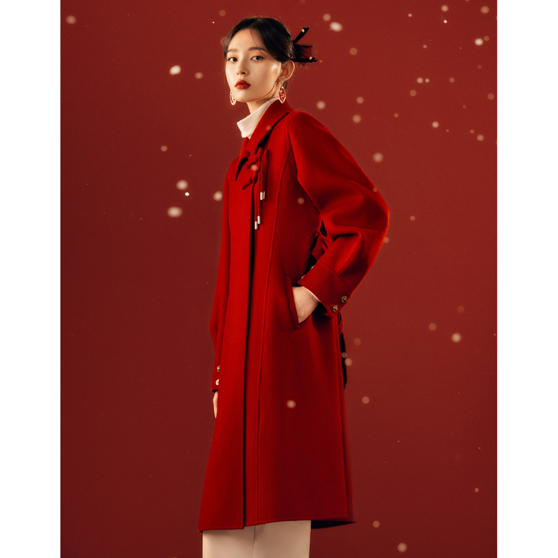 秋水伊人100%绵羊毛国风红色双面呢外套冬装新中式大衣女