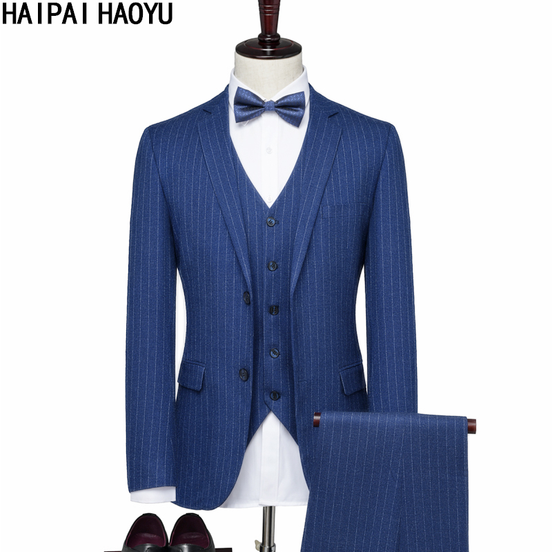 HAIPAIHAOYU 商务西服套装男竖条纹修身职业微弹力西装 蓝色条纹 165上衣30裤子