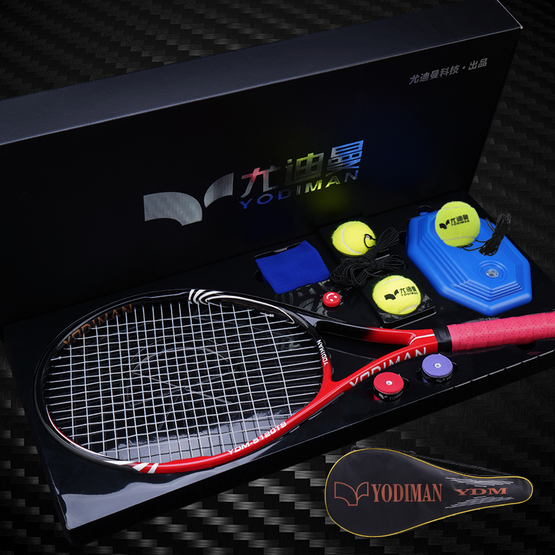 尤迪曼网球拍一体式碳素复合训练单拍初学单人套装带线回弹红色(1支装)