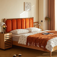 良工实木樱桃木床软包奶油风日式复古风小户型主卧双人床 暖棕色1.8米床