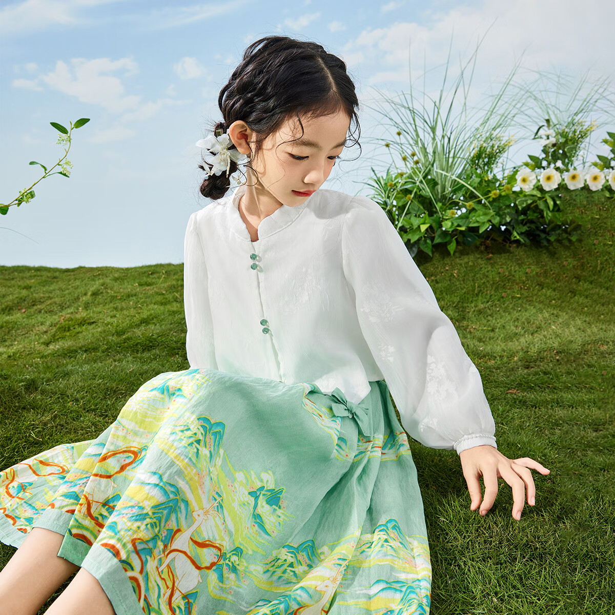 茵曼（INMAN）中国风马面裙套装女童衬衫24春装裙子中大童公主裙汉服 浅绿色 120cm