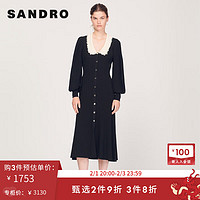 Sandro 女装法式撞色翻领泡泡袖黑色针织连衣裙SFPRO02497 黑色 34