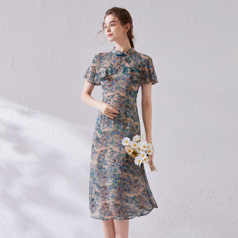經典故事（JANE STORY）改良旗袍连衣裙女设计感印花高端气质立领新中式旗袍 U33杏底蓝绿花 L