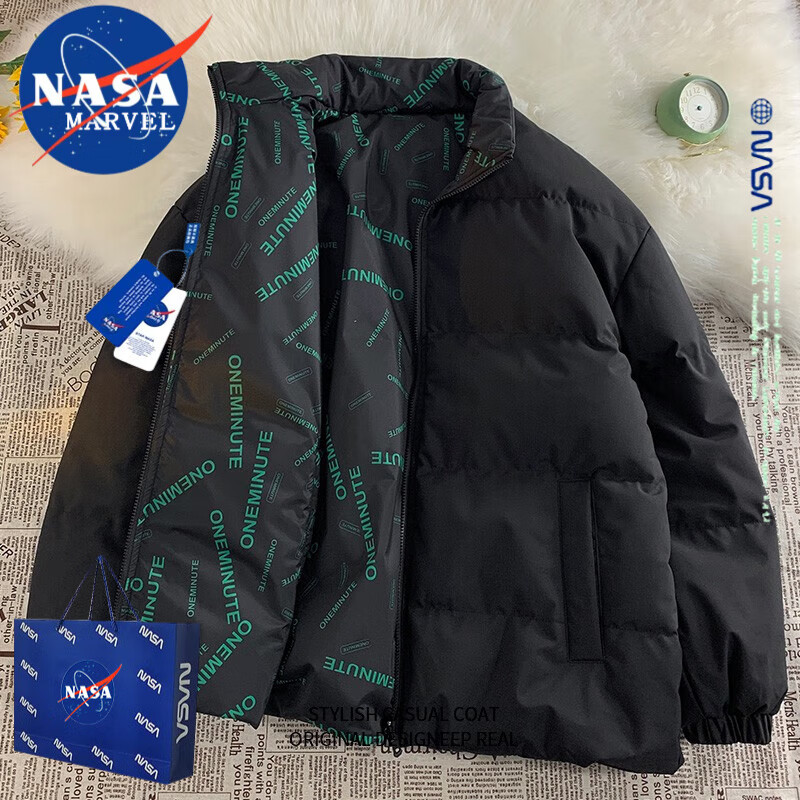 NASA MARVEL潮牌联名男装棉衣男棉服男士立领冬季美式潮流防 黑色（双面穿） XL-（120斤-140斤）