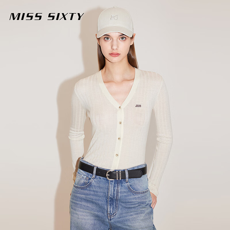 MISS SIXTY2024春季新款毛织外套女刺绣修身显瘦基础性感V领上衣 浅灰绿 S