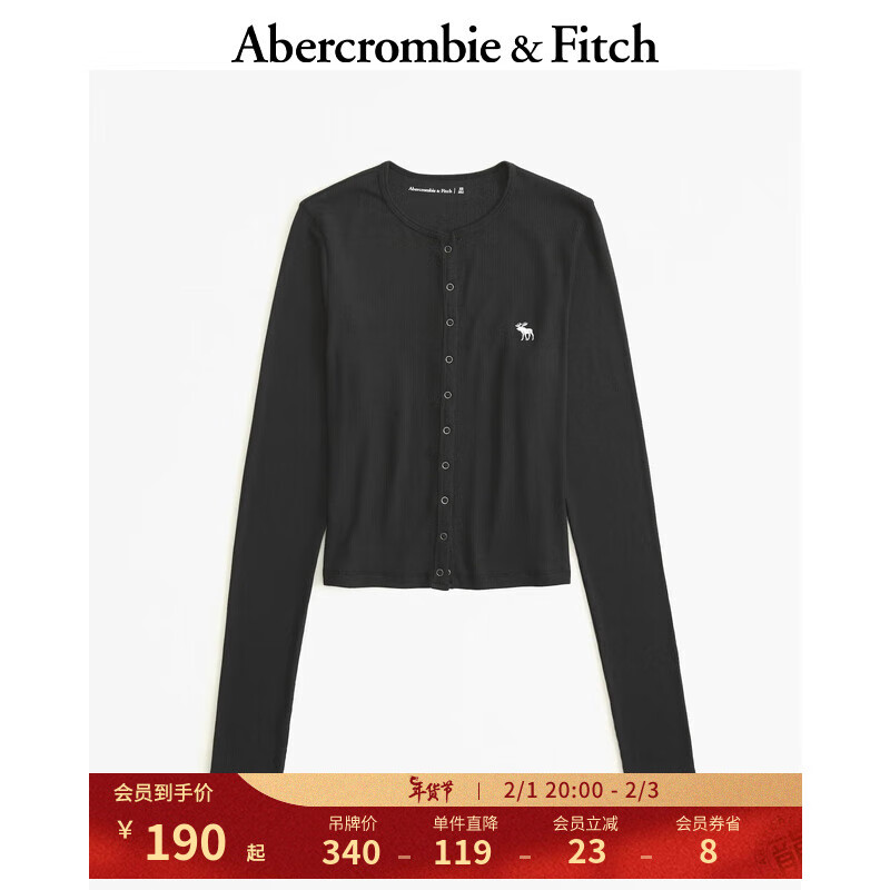 Abercrombie & Fitch 女装 24春小麋鹿时尚舒适长袖亨利式T恤 355534-1 纯黑 M (165/96A)