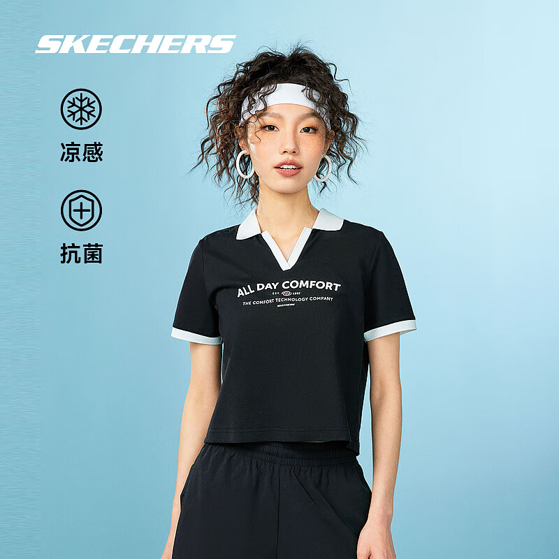斯凯奇（Skechers）女款凉感抗菌短款polo衫L224W054 碳黑/0018 S