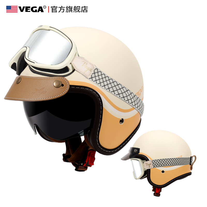 美国VEGA摩托车头盔男日式复古机车女士电动车半盔3C认证瓢盔