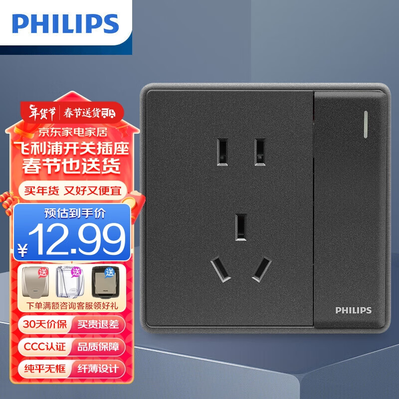 PHILIPS 飞利浦 开关插座面板恒曦灰色五孔插座86型面板家用  【新国标一开单控五孔（10A）