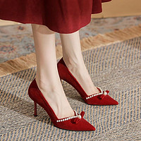 鞋柜（shoebox）达芙妮旗下高跟鞋女法式秀禾服婚纱两穿婚鞋新娘鞋高级感 红色 37