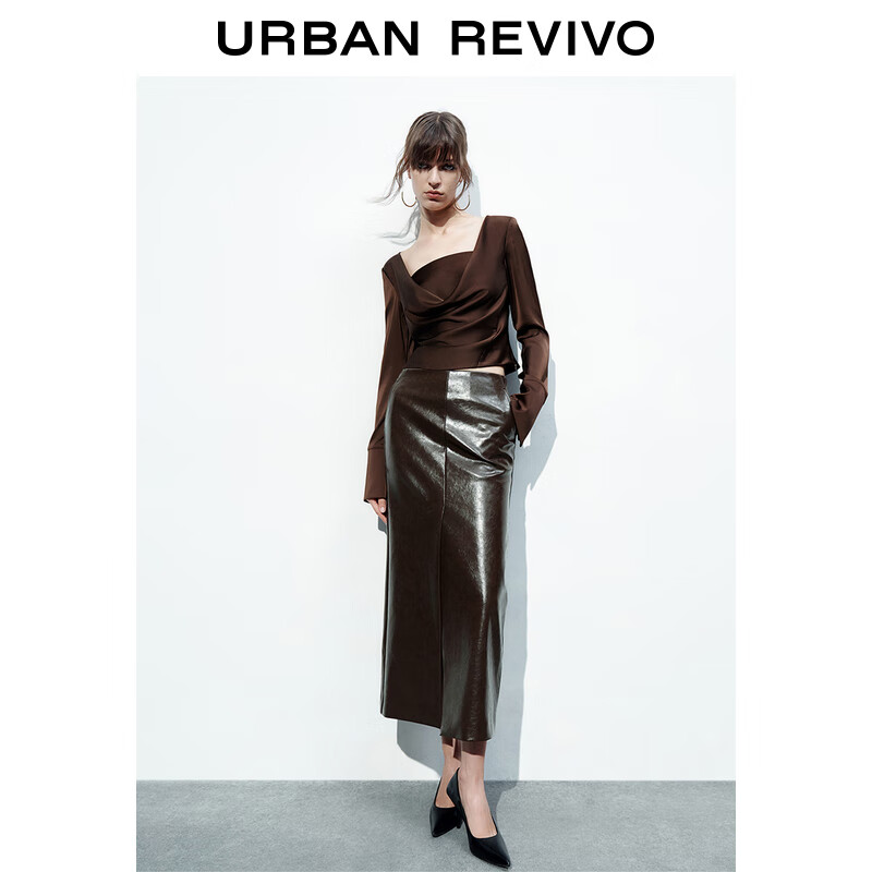 URBAN REVIVO UR2024春季女装时髦高腰直筒皮质半裙UWG540009 黄棕 M