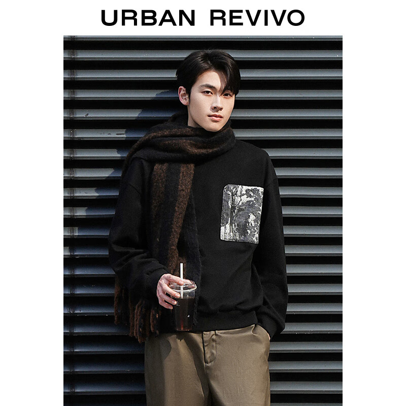 URBAN REVIVO UR2024春季男装潮牌高街休闲撞色贴袋圆领卫衣UML440007 正黑 M