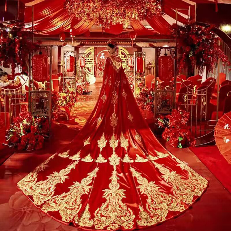 芬格顿中国中式婚礼新娘服装凤冠霞帔婚服全套婚纱宫廷风汉服披风 凤披珠绣3.6米 均码
