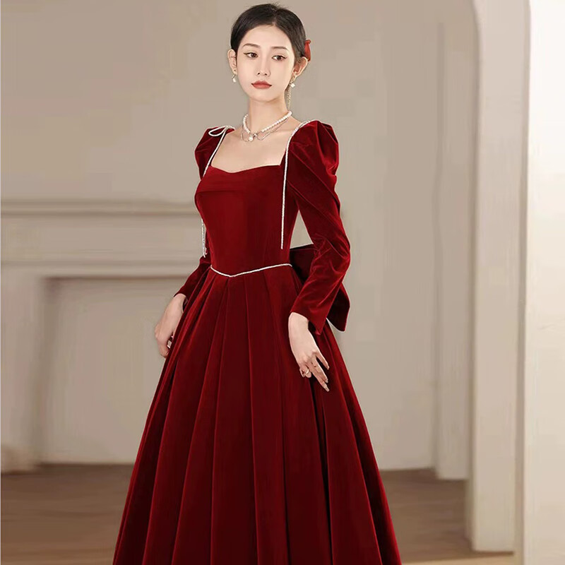 丽佰昕丝绒敬酒服新娘冬长袖酒红色结婚显瘦回门订婚礼服裙女 酒红色长款 3XL  130-135斤