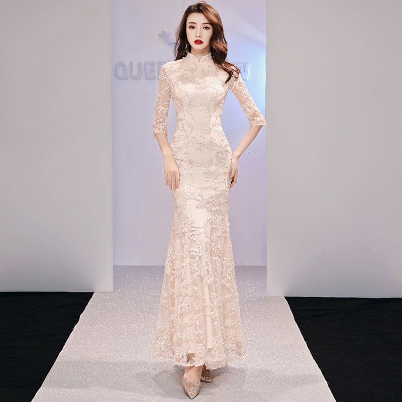 麦斯贝思宴会晚礼服女高贵气质鱼尾旗袍长款中式名媛小礼服大合唱团 香槟色 L