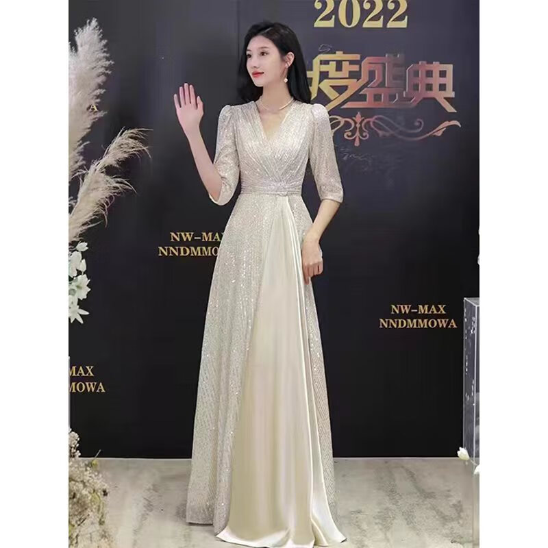 诺丽缇（NUOLITI）高端小晚礼服裙女宴会气质轻奢高级感高贵名媛年会主持人大气 香槟色长款 L