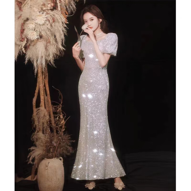 诺丽缇（NUOLITI）法式晚礼服亮片气质名媛高端小众宴会鱼尾主持人钢琴演奏礼服 香槟色长款 L