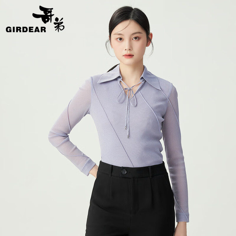 哥弟【GD】2024新款翻领不规则立体斜条设计系带衬衫上衣女1300964 薄暮紫