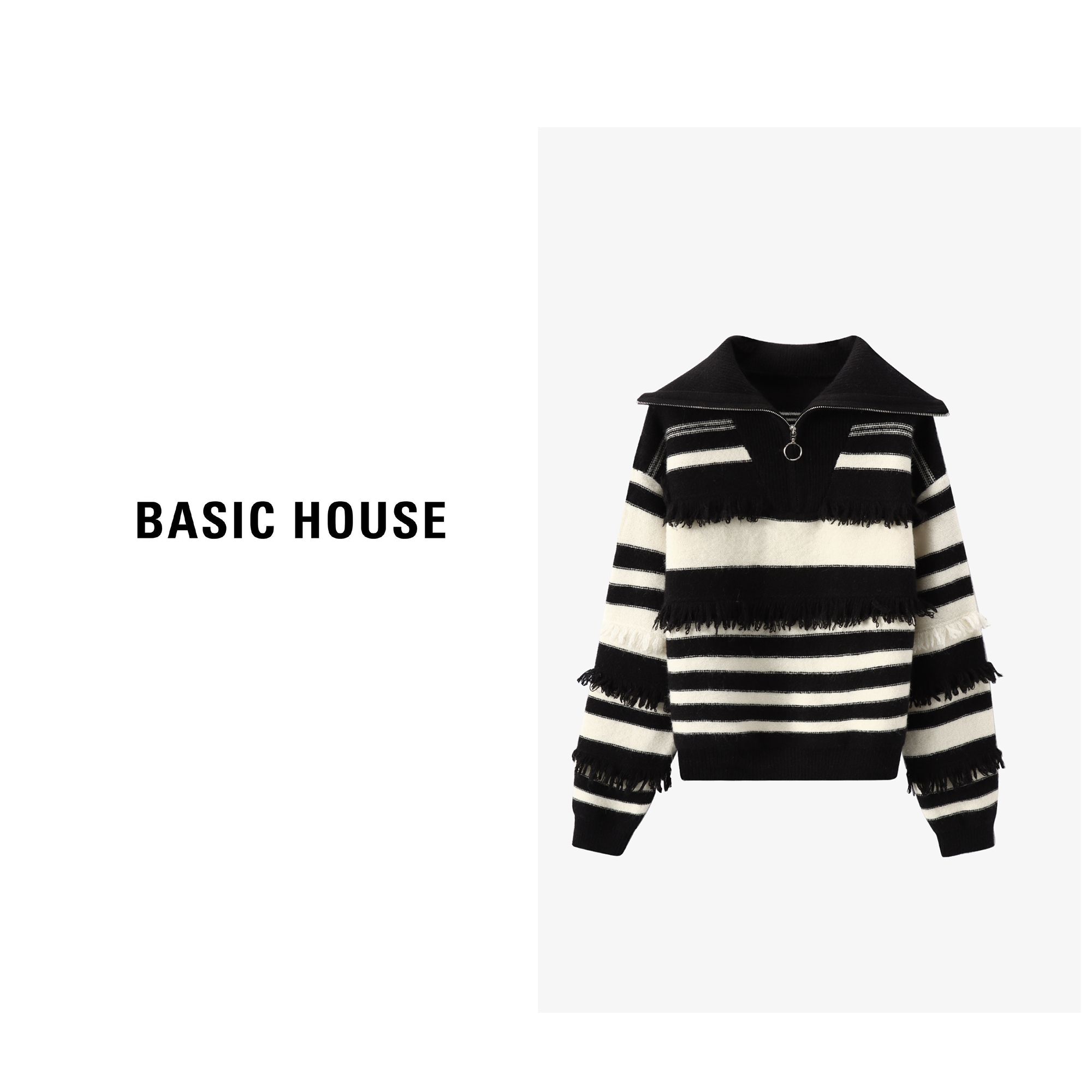 BASICHOUSE 百家好 黑白条纹小香风羊毛针织衫