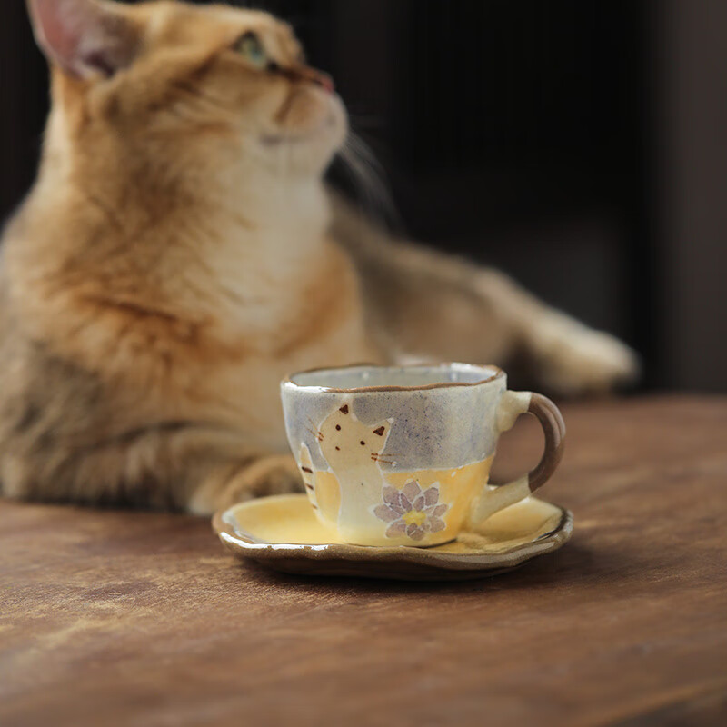 同合日本丹山窑小花猫套杯咖啡杯套装日式下午茶茶杯小清新茶具 小花猫套杯（紫） 1个 200ml