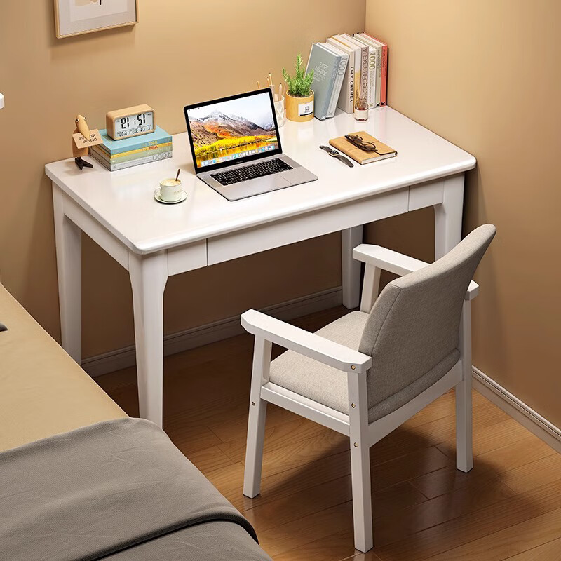 自然元素 实木书桌中式家用学习桌书房简易办公桌卧室高中小写字桌 白色-单桌【120*55*75CM】