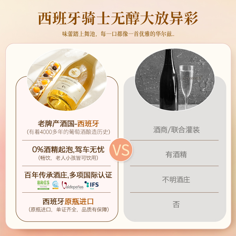 菲特瓦 西班牙无醇起泡酒0度无酒精甜白葡萄酒红葡萄汁赠香槟杯