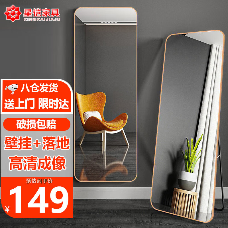 星恺（XINGKAI）穿衣镜落地镜全身镜试衣镜壁挂镜铝合金窄框镜子JY53金色160*50 金色160*50【壁挂+落地+京仓发】