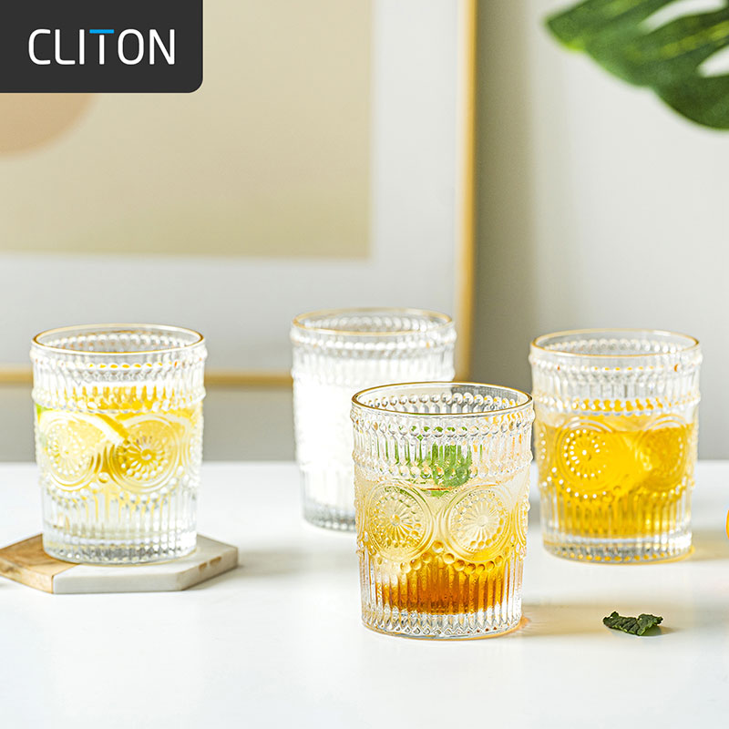 CLITON 玻璃杯复古金边ins风玻璃水杯茶杯牛奶果汁饮料杯烈酒杯套装4只