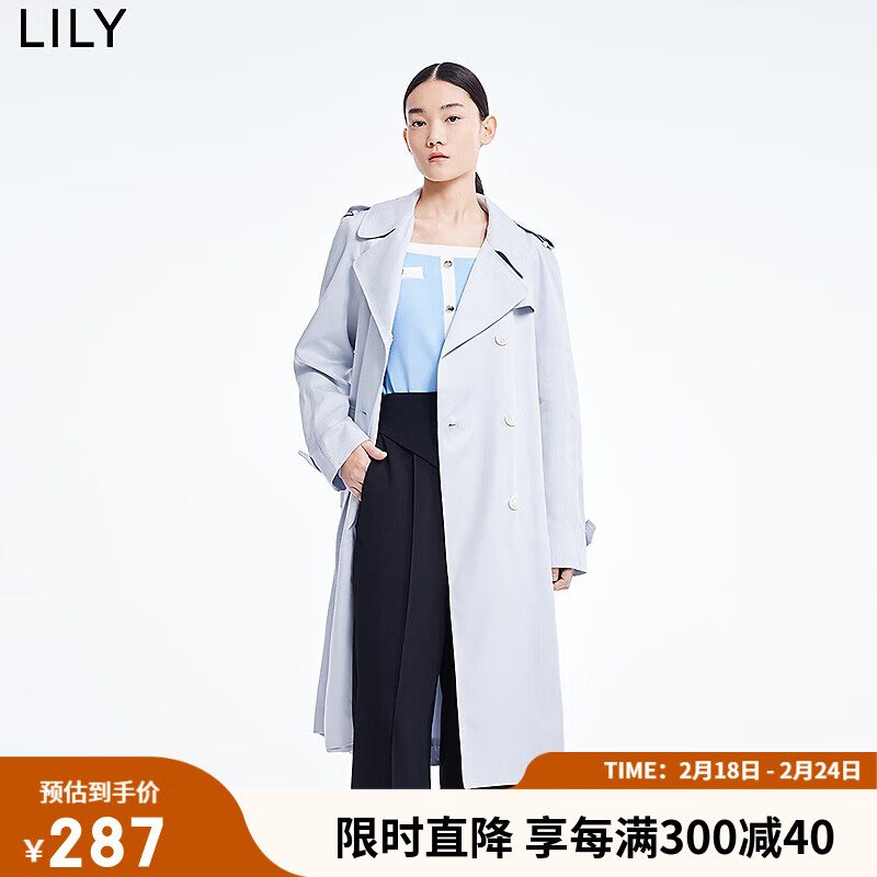 LILY2022春女装舒适天丝气质纯色双排扣风衣外套 424浅灰蓝 S